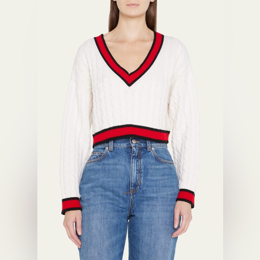 NWT $495 Alice + Olivia Ayden Cropped V-Neck Cable-Knit Sweater